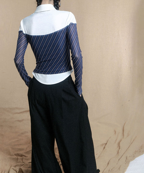 Diagonal Striped Tie Blouse